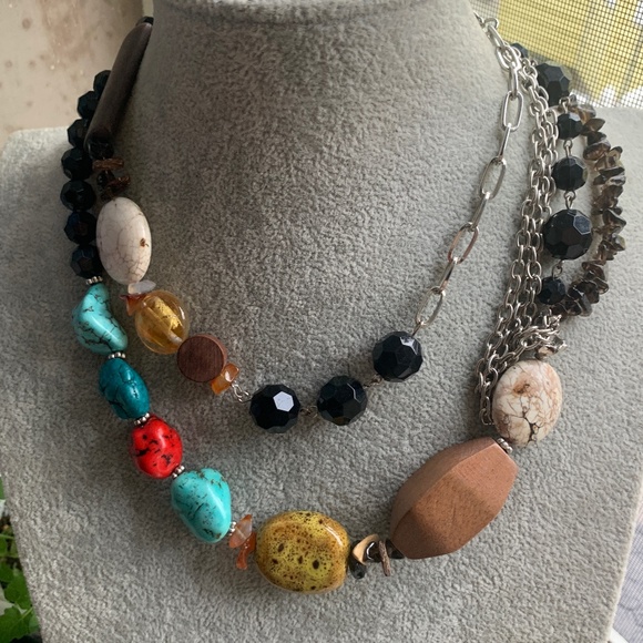 36"  Long Mixed Media Necklace - Gems Ceramic Wood Glass Stone Crystals - NWOT - Picture 1 of 10